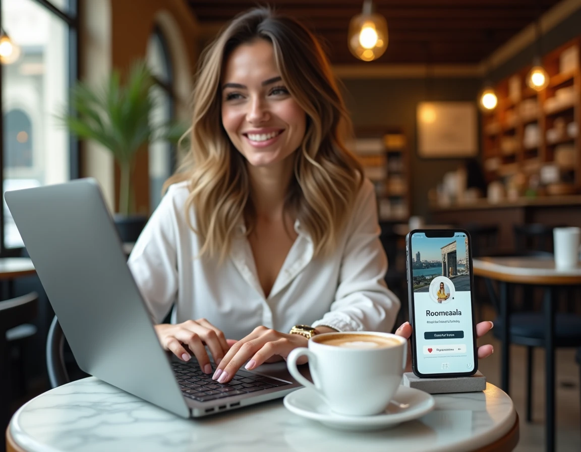 Femme consultant le service client Roomlala sur smartphone et ordinateur dans un café parisien