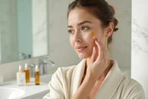 Femme appliquant un sérum doré sur son visage dans une salle de bain en marbre blanc, comparaison soins Caudalie et Nuxe