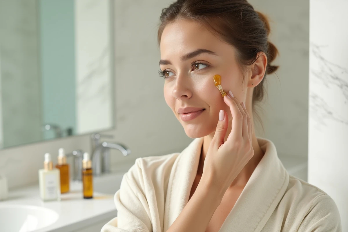 Femme appliquant un sérum doré sur son visage dans une salle de bain en marbre blanc, comparaison soins Caudalie et Nuxe