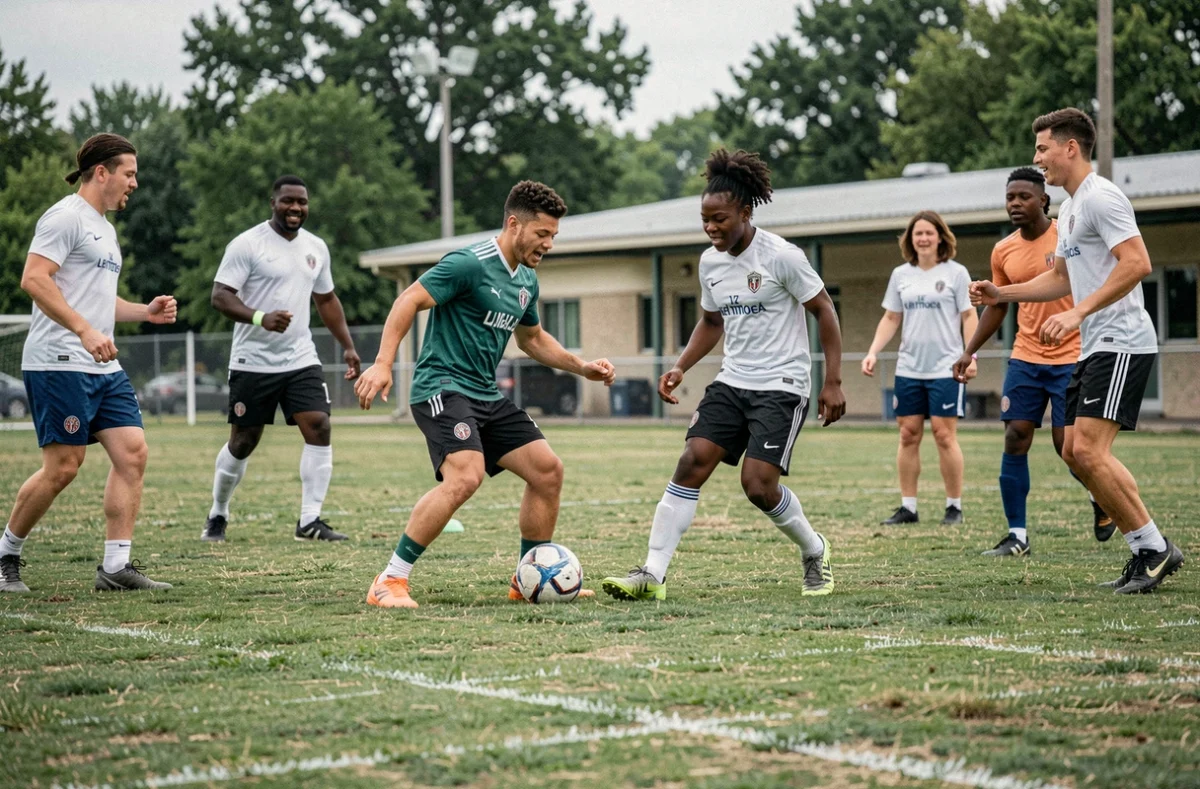 Adolescents et adultes de différentes origines jouant au football sur un terrain municipal, illustrant le vivre-ensemble et la cohésion sociale par le sport collectif