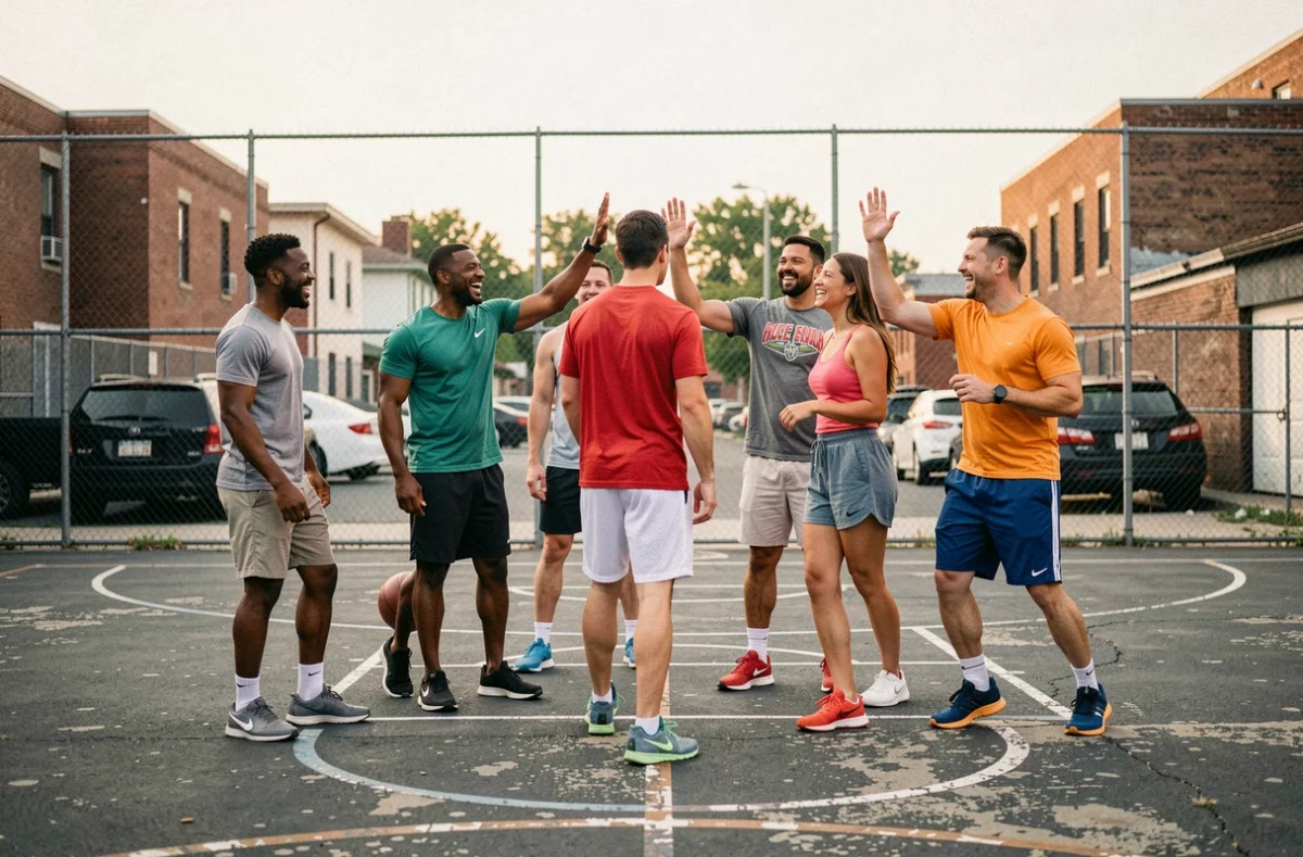 Groupe multiculturel d'adultes se félicitant après un match de basketball en plein air dans un quartier urbain, symbole d'intégration sociale par le sport