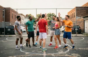 Groupe multiculturel d'adultes se félicitant après un match de basketball en plein air dans un quartier urbain, symbole d'intégration sociale par le sport