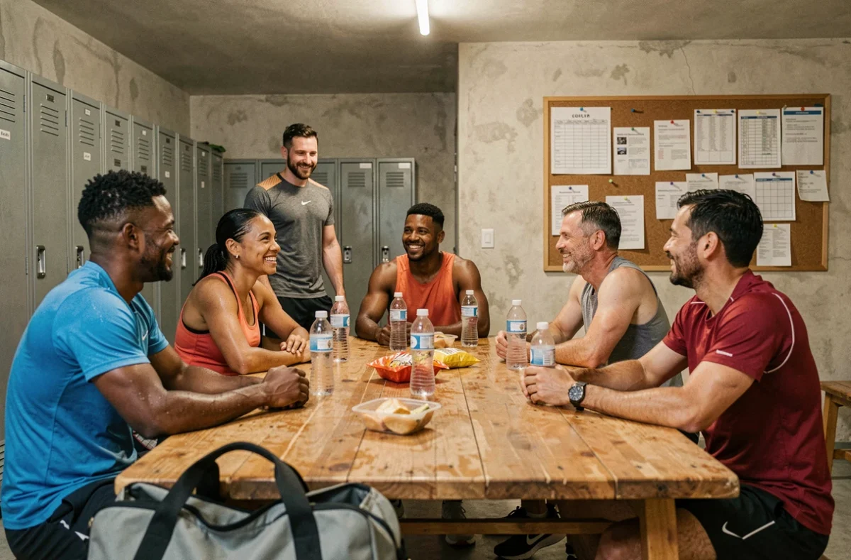 Groupe diversifié de sportifs adultes se retrouvant autour d'une table dans un club associatif après l'entraînement, représentant le lien social et le vivre-ensemble favorisé par la pratique sportive