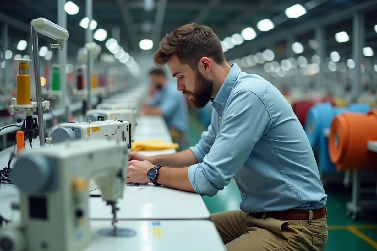 Jeune technicien ajustant une machine à coudre moderne