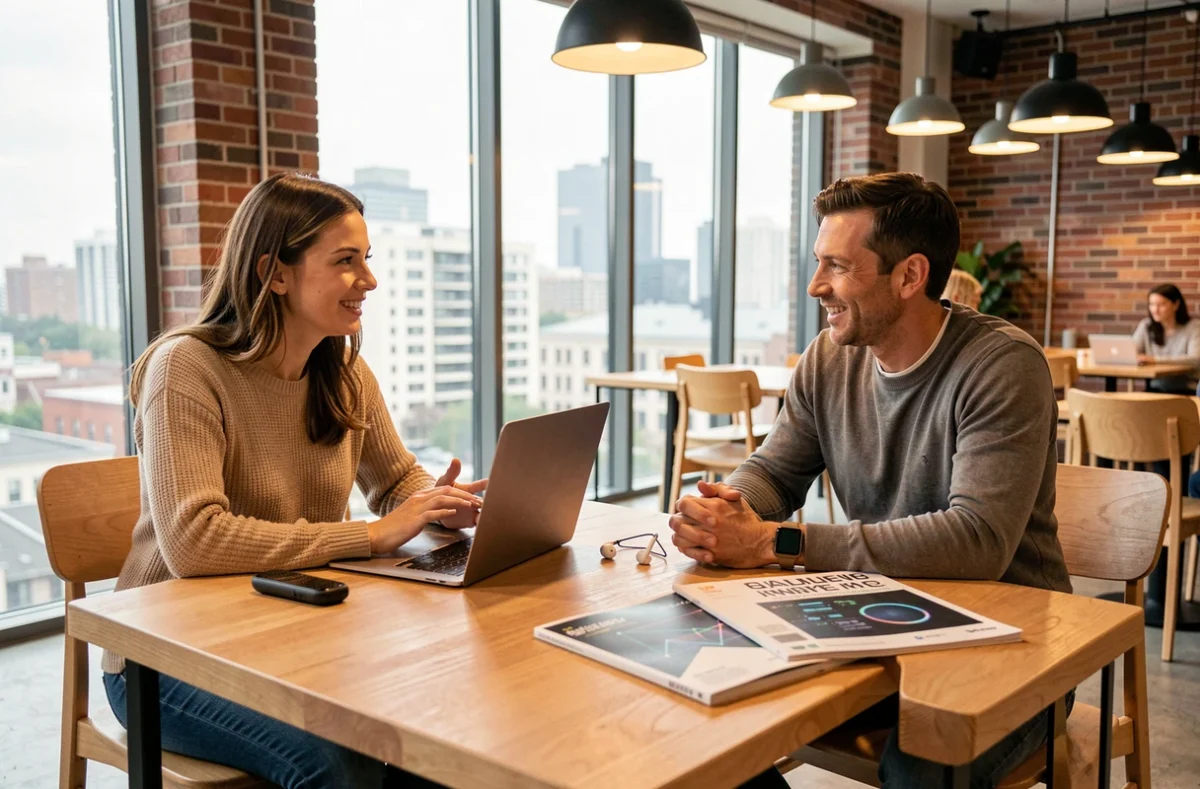 Deux professionnels discutant des dernières tendances tech autour de gadgets modernes dans un espace de coworking