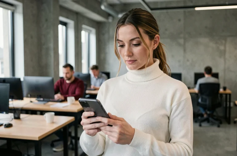 Femme tenant un smartphone pliable dans un bureau tech moderne, illustrant les dernières tendances technologiques