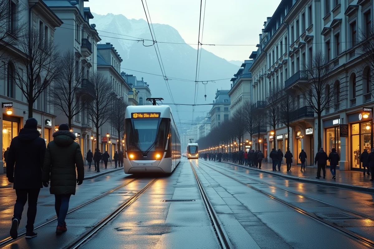 Vue grand angle d'un tram traversant un boulevard de Grenoble au lever du jour dans la brume matinale