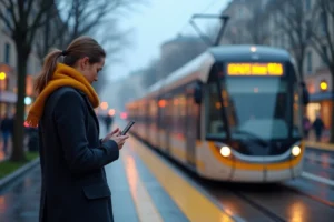 Femme attendant le tram de matin à Grenoble sur un quai urbain sous une atmosphère froide et matinale
