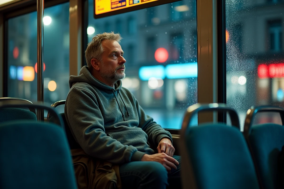 Passager assis dans un tram de nuit à Grenoble regardant par la fenêtre avec reflets de la ville