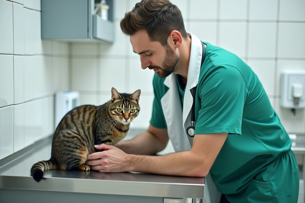 Vétérinaire examinant un chat tigré sur une table de consultation dans une clinique vétérinaire professionnelle