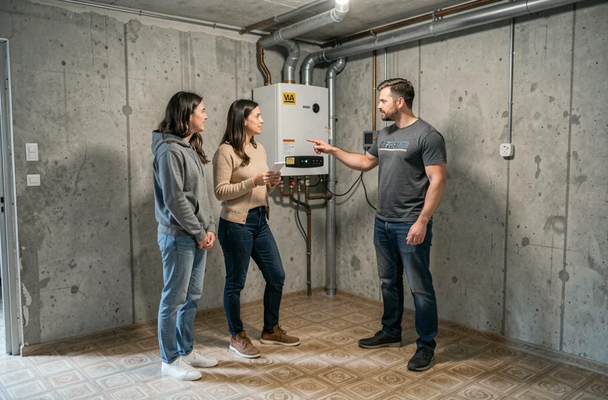 Couple en visite immobilière discutant avec un technicien chauffagiste devant une vieille chaudière murale avant acquisition